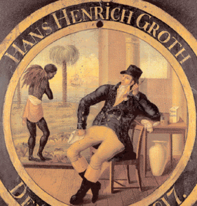 Historisk illustration på en skive fra det KGL. Kjøbenhavnske Skydeselskab af Hans Henrich Groth, tidlig ejer af House of Oliver Twist, ca. 1810